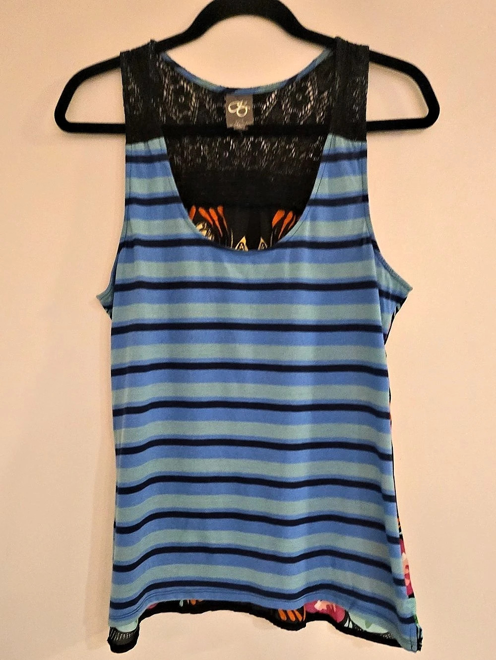 Anthropologie Striped Lace Back Tank Top in Blue & Black Large